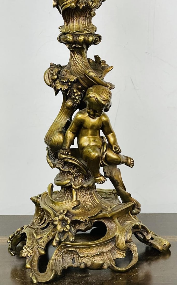 Pair of Louis XVI Style Gilt Bronze Candelabra, Cherub Florentine Form - 5
