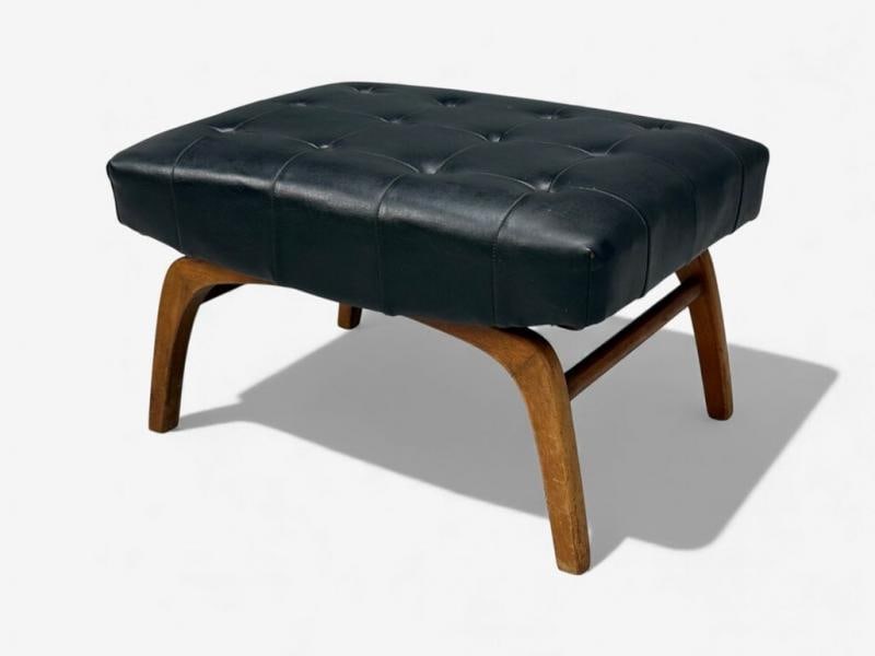 Danish Modern, Black Leatherette, Stained Wood, Footstool, Denmark, 1950s - 5