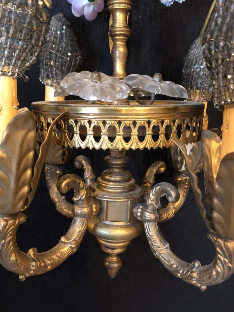 Bronze Louis XVI Style French Chandelier with Porcelain Flowers - 3