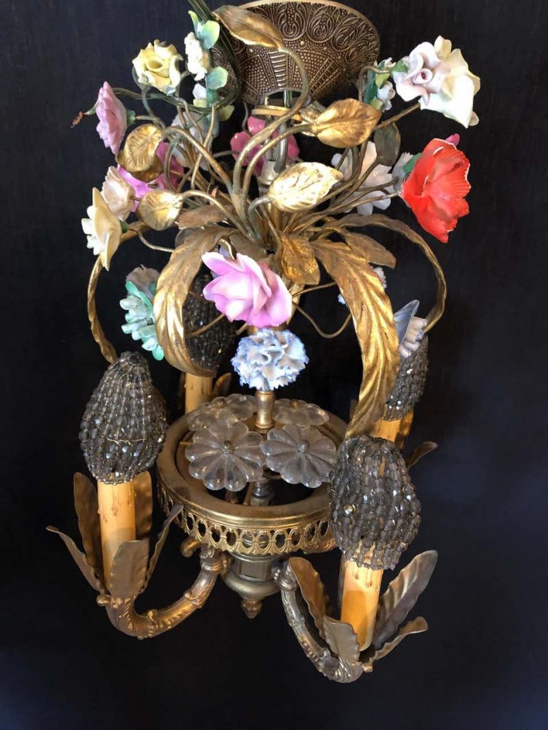 Bronze Louis XVI Style French Chandelier with Porcelain Flowers - 4