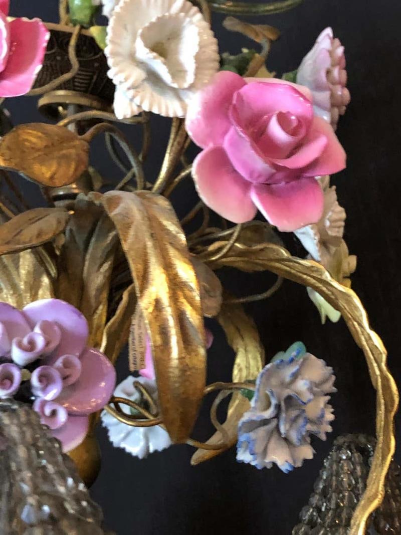 Bronze Louis XVI Style French Chandelier with Porcelain Flowers - 5