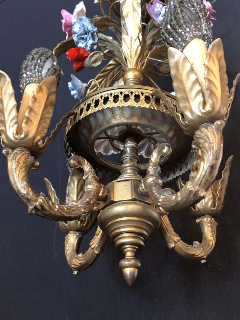 Bronze Louis XVI Style French Chandelier with Porcelain Flowers - 6