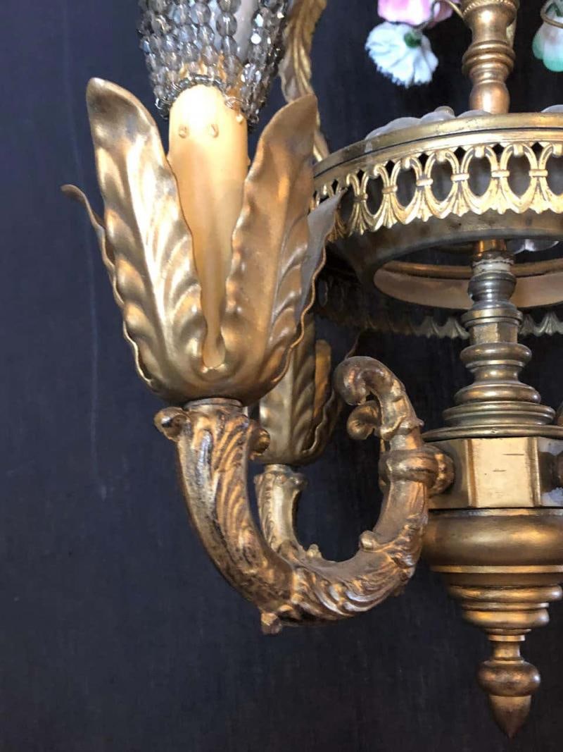 Bronze Louis XVI Style French Chandelier with Porcelain Flowers - 7