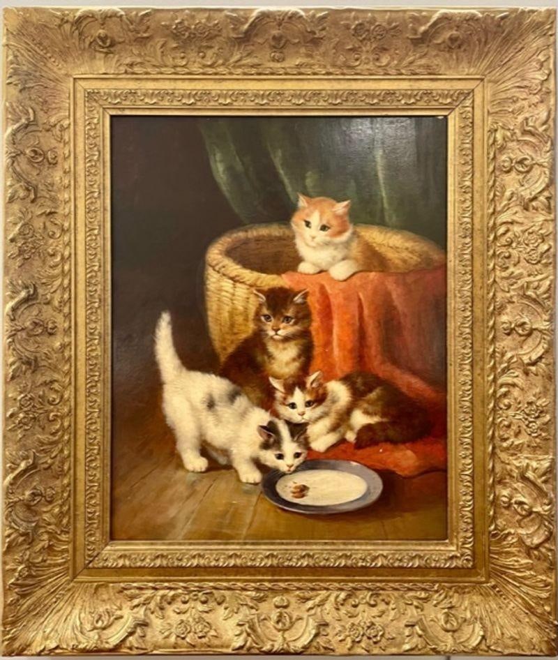 19th/20th Century Oil Painting of Kittens in a Basket at Feeding Time - 2
