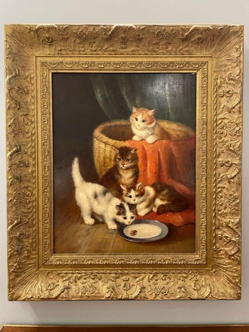 19th/20th Century Oil Painting of Kittens in a Basket at Feeding Time - 3