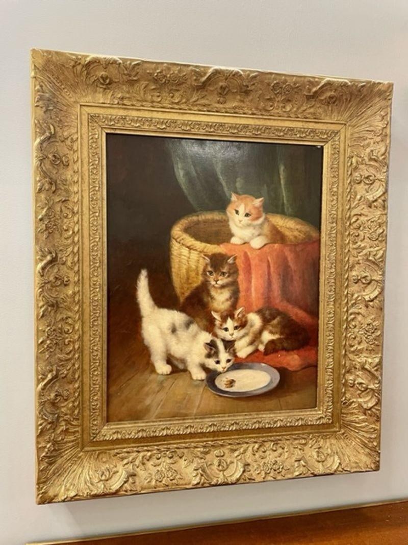 19th/20th Century Oil Painting of Kittens in a Basket at Feeding Time - 4