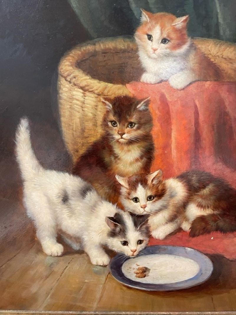 19th/20th Century Oil Painting of Kittens in a Basket at Feeding Time - 5