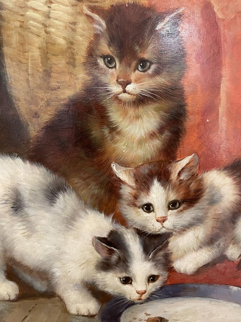 19th/20th Century Oil Painting of Kittens in a Basket at Feeding Time - 6