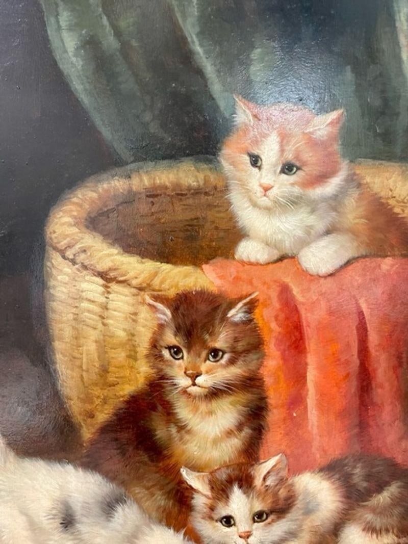 19th/20th Century Oil Painting of Kittens in a Basket at Feeding Time - 7