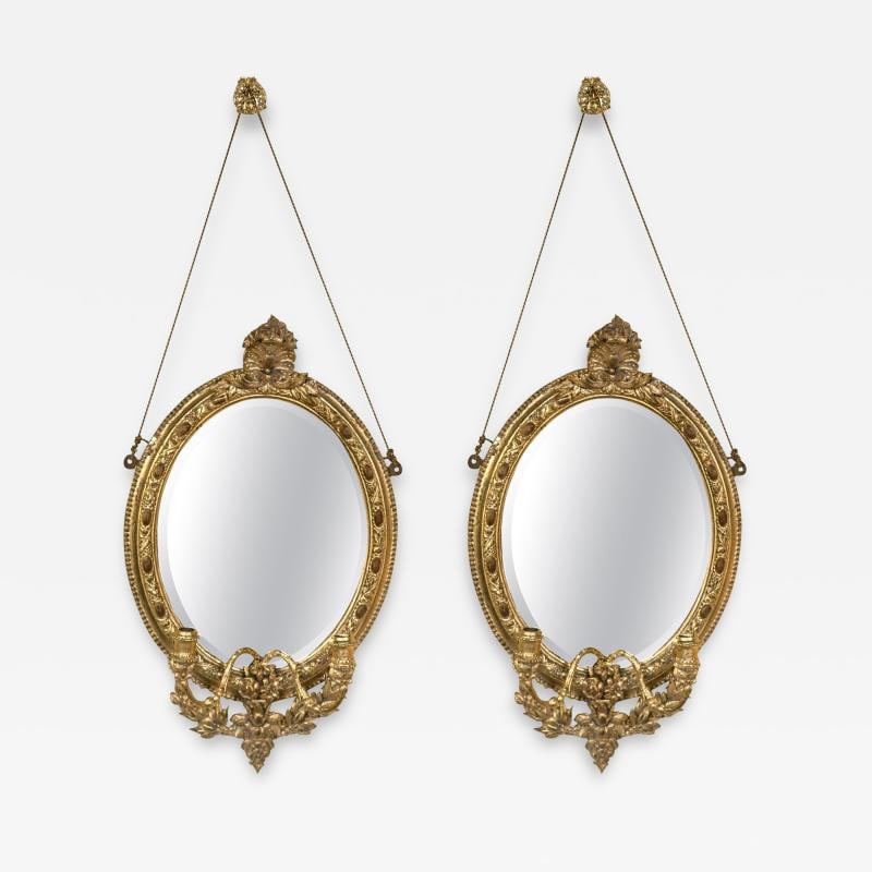 Pair 19th C Mirror Oval Sconces Giltwood Design With Two Candle On Each Mirror - 2