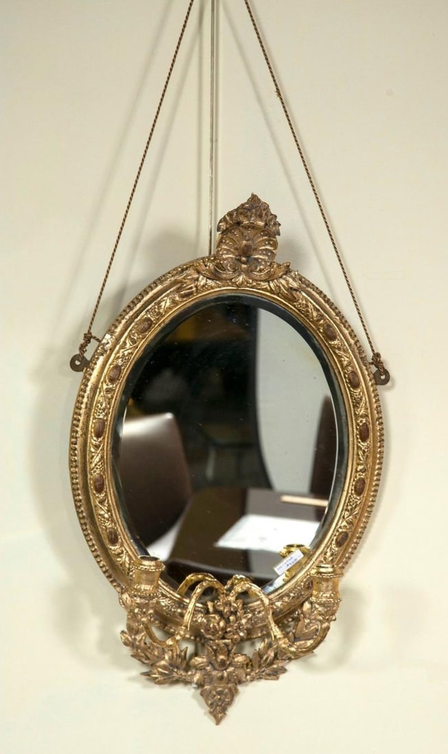 Pair 19th C Mirror Oval Sconces Giltwood Design With Two Candle On Each Mirror - 4