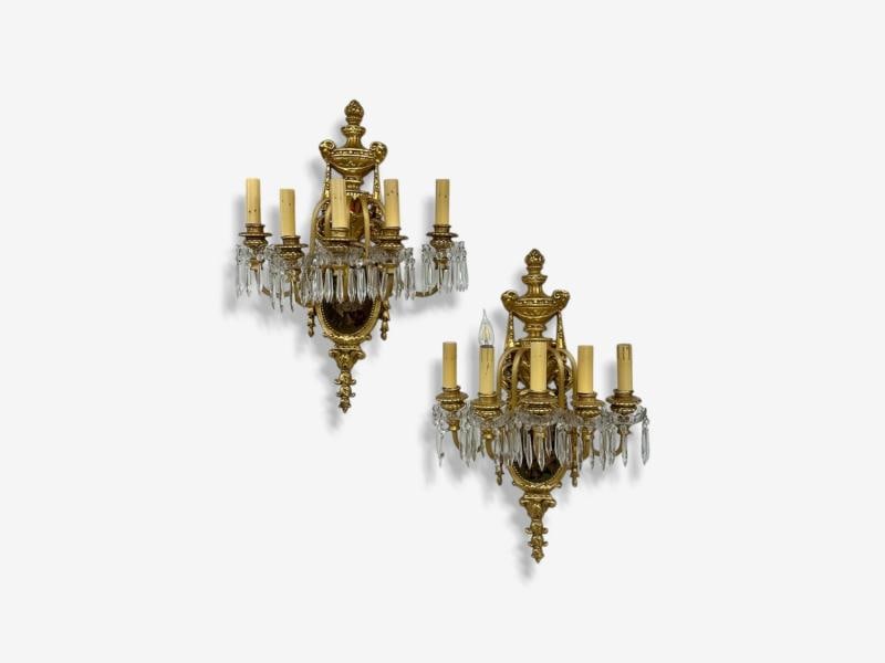 French Louis XVI Style, Bronze, Crystal, Rams Head Five Light Sconces, 1920s - 2