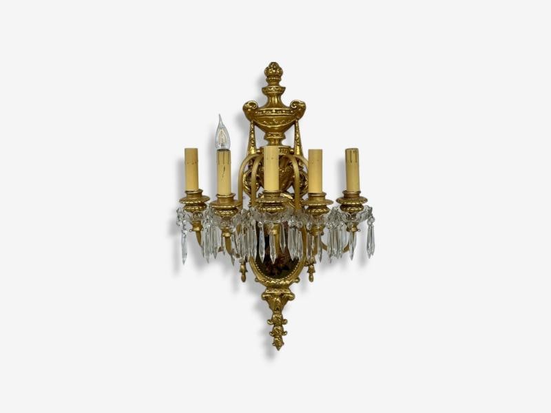 French Louis XVI Style, Bronze, Crystal, Rams Head Five Light Sconces, 1920s - 3