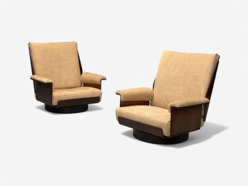Bernard Brunier, French Mid-Century Modern, Rosewood, Suede, Low Lounge Chairs - 3