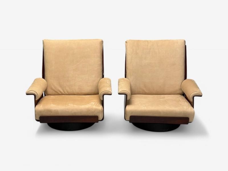 Bernard Brunier, French Mid-Century Modern, Rosewood, Suede, Low Lounge Chairs - 4