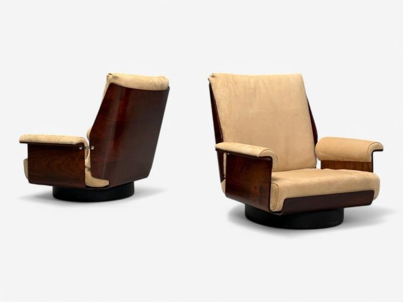 Bernard Brunier, French Mid-Century Modern, Rosewood, Suede, Low Lounge Chairs - 5