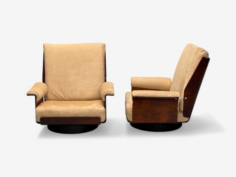 Bernard Brunier, French Mid-Century Modern, Rosewood, Suede, Low Lounge Chairs - 9