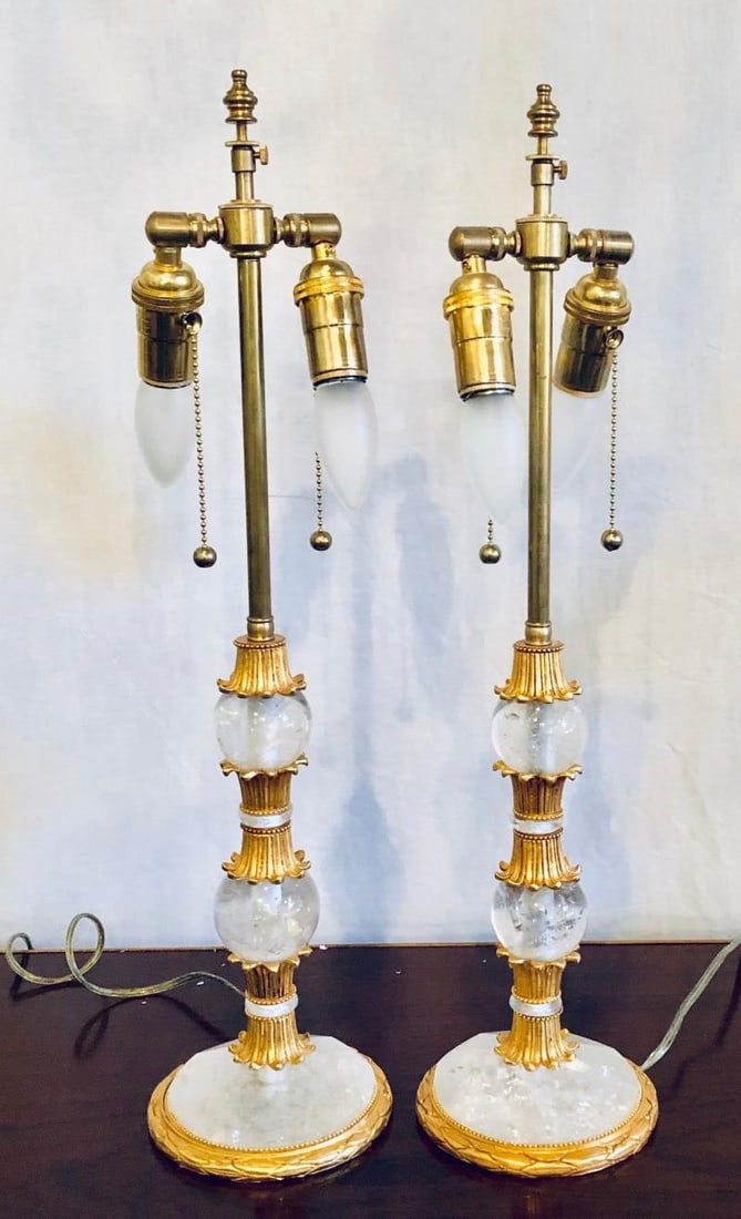 Pair of Gilt Metal and Rock Crystal Bagues Style Table Lamps - 5
