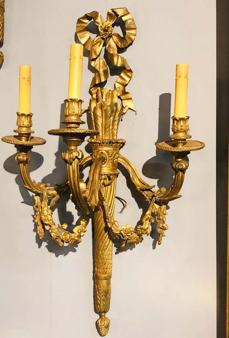 Set of Four Large Ornate Three-Light Torch and Ribbon Form Wall Sconces - 2