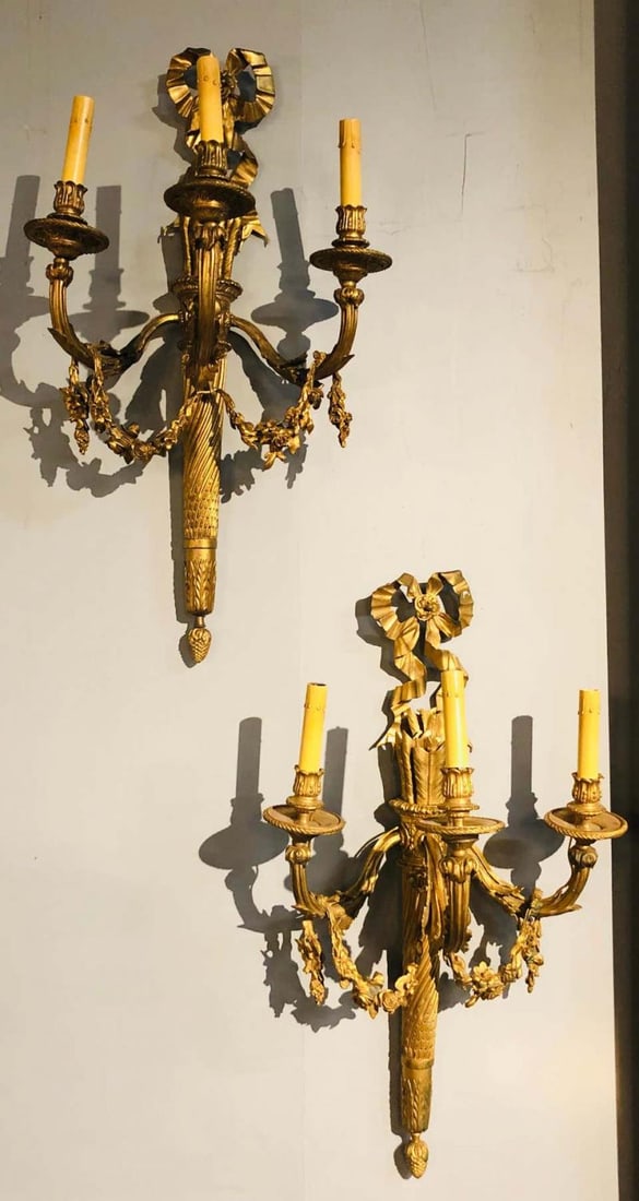 Set of Four Large Ornate Three-Light Torch and Ribbon Form Wall Sconces - 3