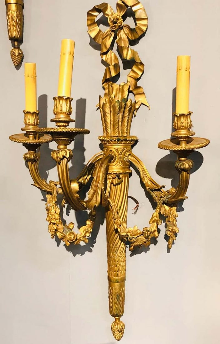 Set of Four Large Ornate Three-Light Torch and Ribbon Form Wall Sconces - 4