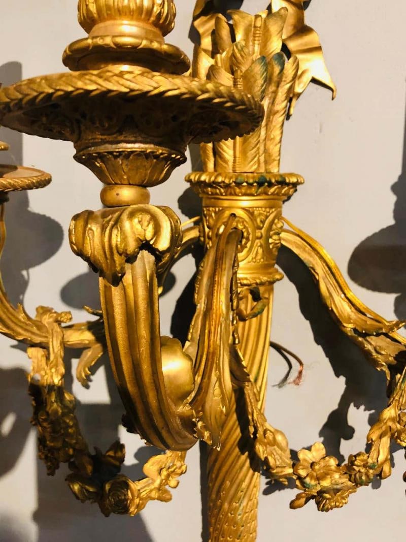 Set of Four Large Ornate Three-Light Torch and Ribbon Form Wall Sconces - 6