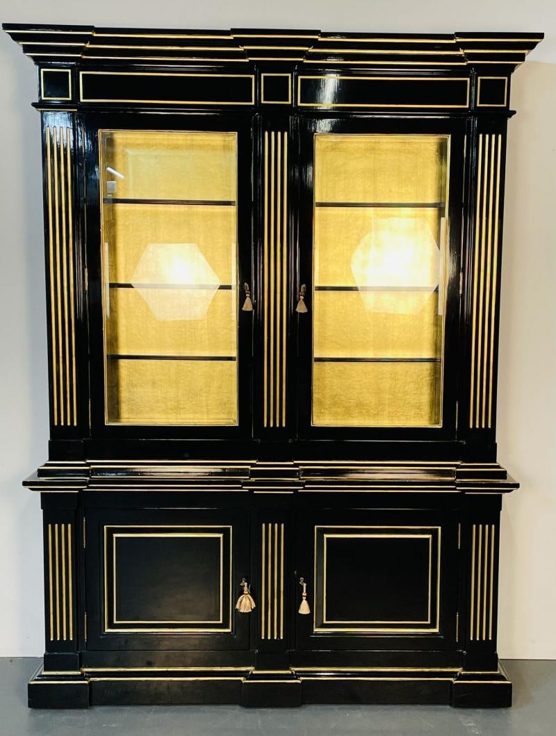 Hollywood Regency Maison Jansen Style Bookcase / Cabinet, Ebony, Gold Leaf - 3