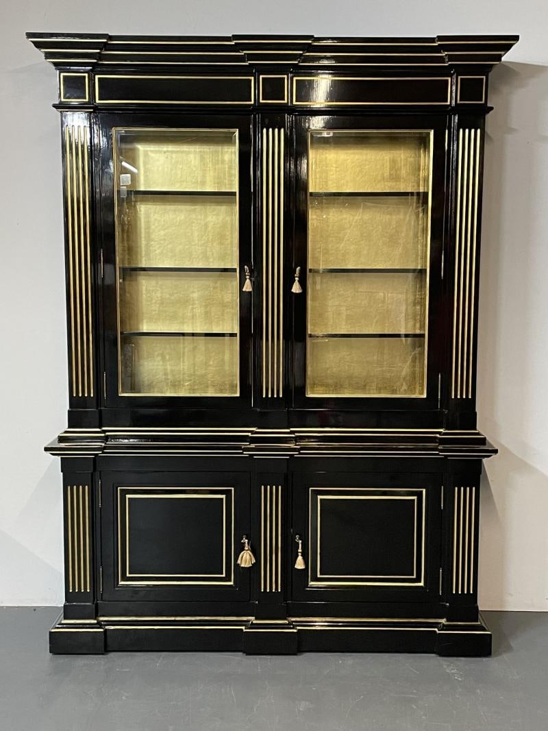 Hollywood Regency Maison Jansen Style Bookcase / Cabinet, Ebony, Gold Leaf - 4