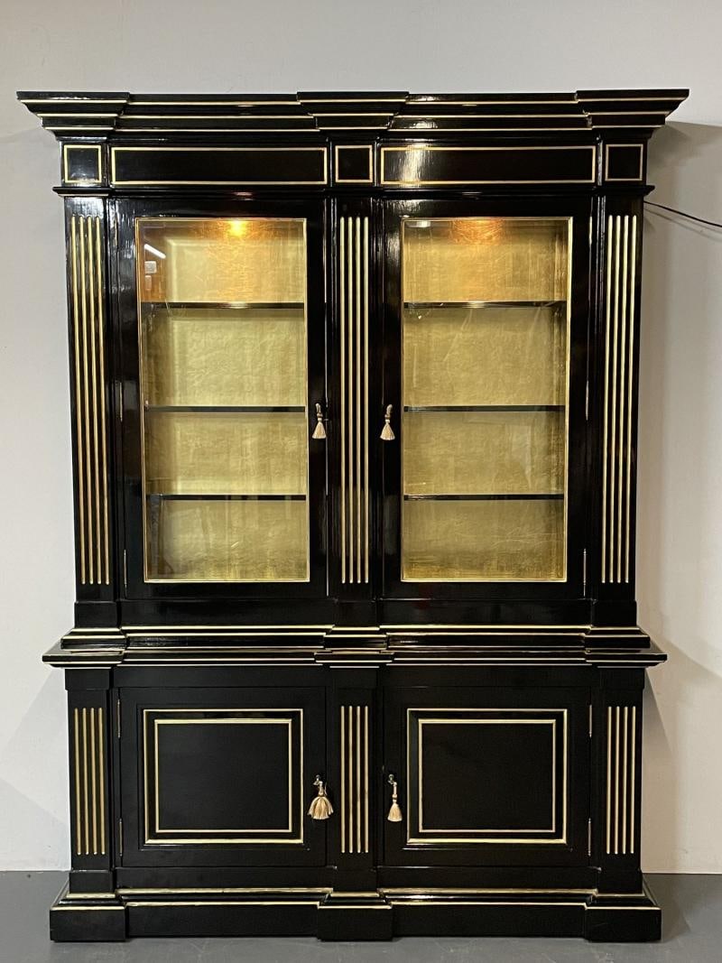 Hollywood Regency Maison Jansen Style Bookcase / Cabinet, Ebony, Gold Leaf - 5