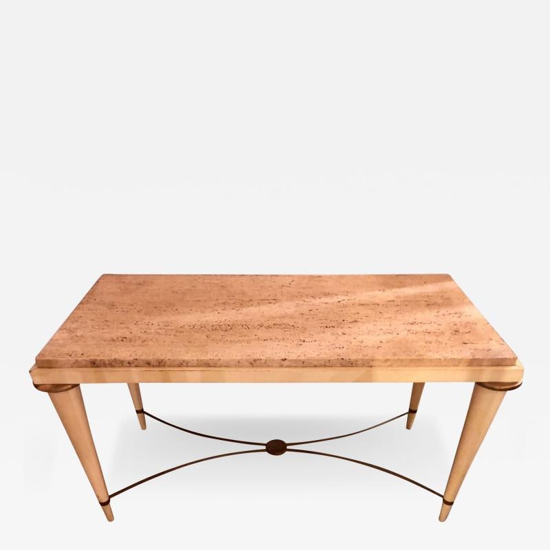 Mid-Century Modern Coffee Table Inset Travertine Marble-Top and Brass Stretcher (1 of 9)