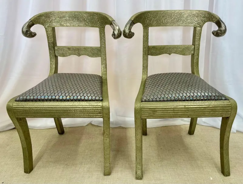 Pair of Neoclassical Side Chairs, Wrapped Metal, Rams Heads, European, Gustavian - 3
