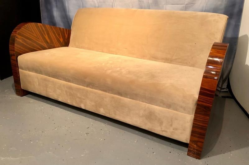 French Art Deco Style Rosewood Sofa/Couch Lacquered Rosewood Velour Upholstery - 2