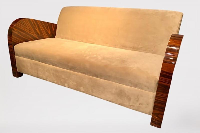 French Art Deco Style Rosewood Sofa/Couch Lacquered Rosewood Velour Upholstery - 3