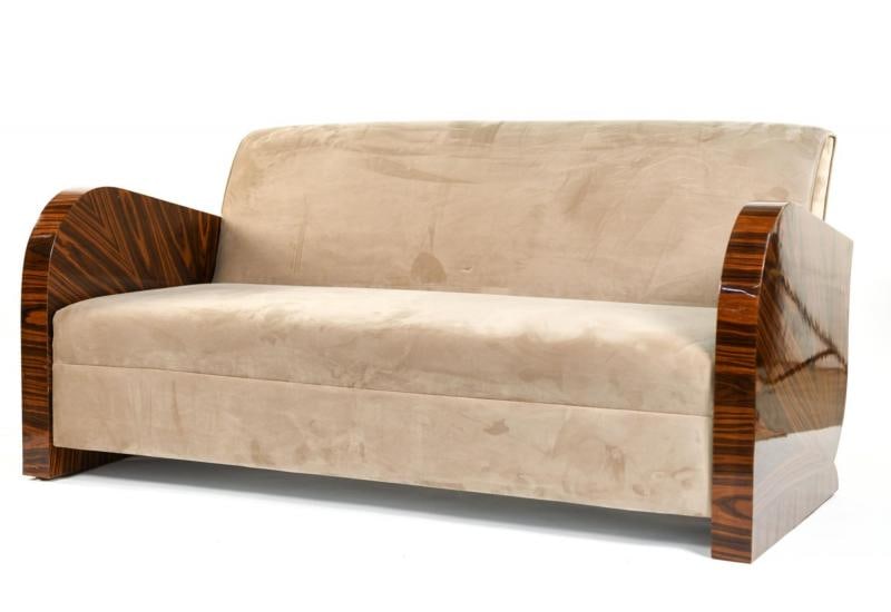 French Art Deco Style Rosewood Sofa/Couch Lacquered Rosewood Velour Upholstery - 8