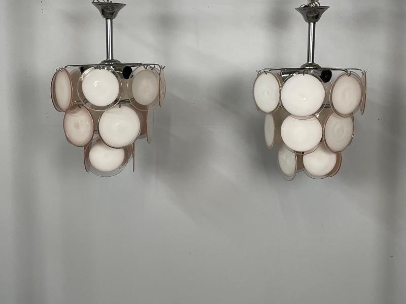 Pair of Mid-Century Modern Style Small Pink Murano Glass Disk Chandeliers - 2