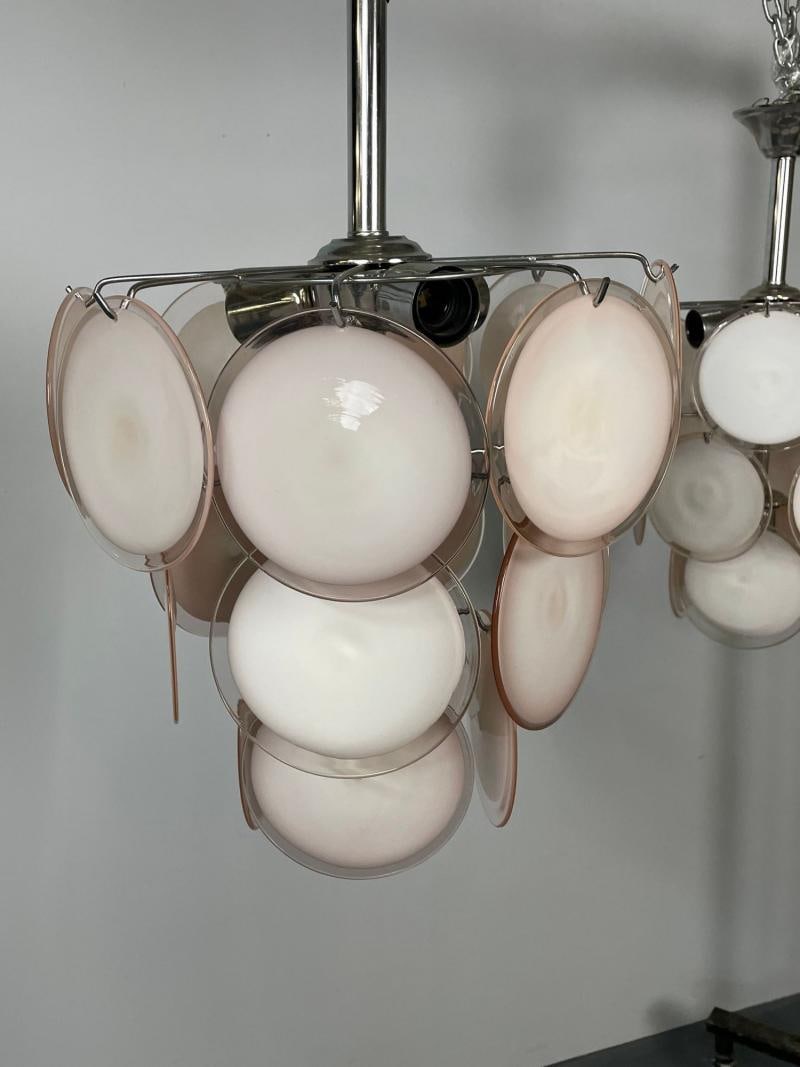 Pair of Mid-Century Modern Style Small Pink Murano Glass Disk Chandeliers - 3