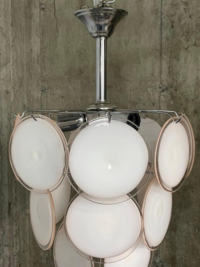 Pair of Mid-Century Modern Style Small Pink Murano Glass Disk Chandeliers - 7
