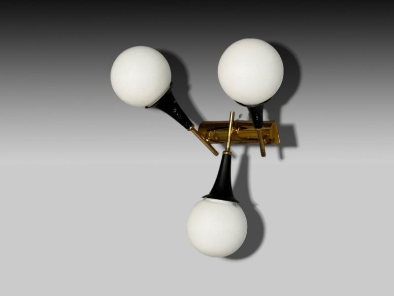 Stilnovo, Italian Mid-Century Modern, Brass, Glass, Three Light Sconce, 1950s - 3