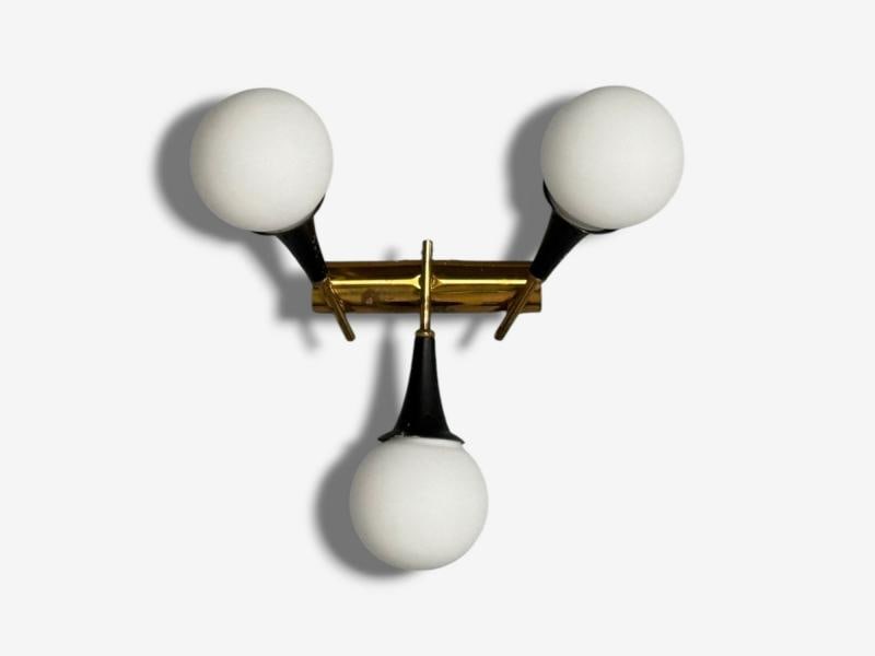 Stilnovo, Italian Mid-Century Modern, Brass, Glass, Three Light Sconce, 1950s - 4