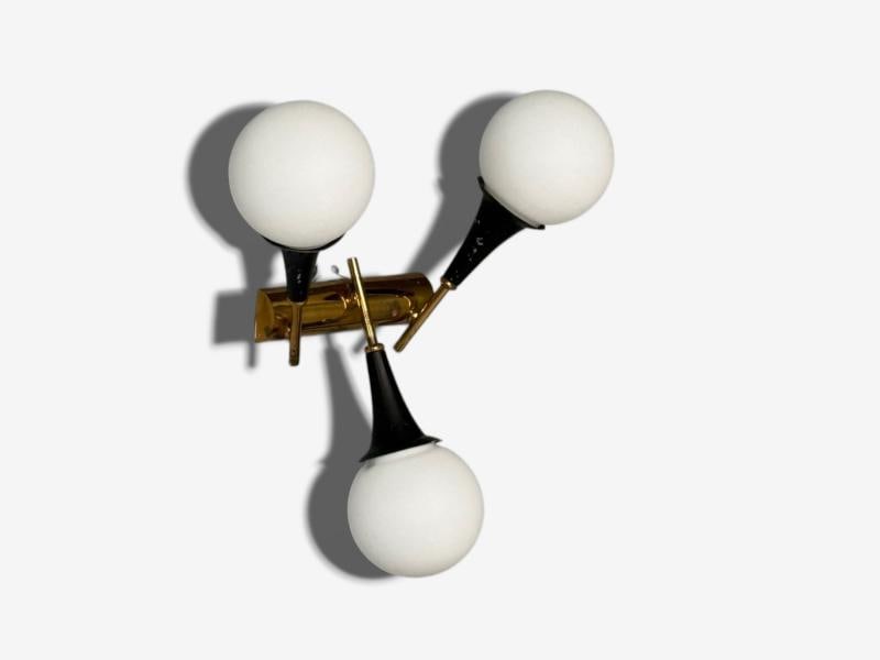 Stilnovo, Italian Mid-Century Modern, Brass, Glass, Three Light Sconce, 1950s - 7