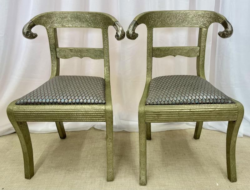 Pair of Neoclassical Side Chairs, Wrapped Metal, Rams Heads, Europe Gustavian - 4