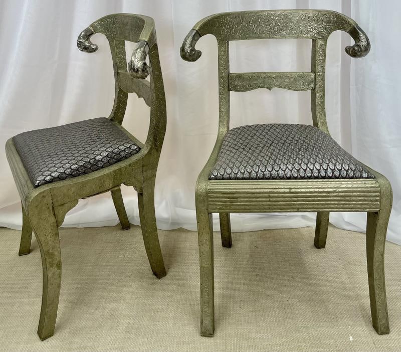 Pair of Neoclassical Side Chairs, Wrapped Metal, Rams Heads, Europe Gustavian - 5
