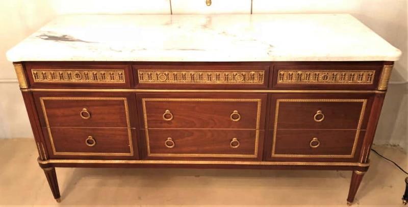 Pair of Monumental Louis XVI Style Marble Top Commodes Maison Jansen - 2