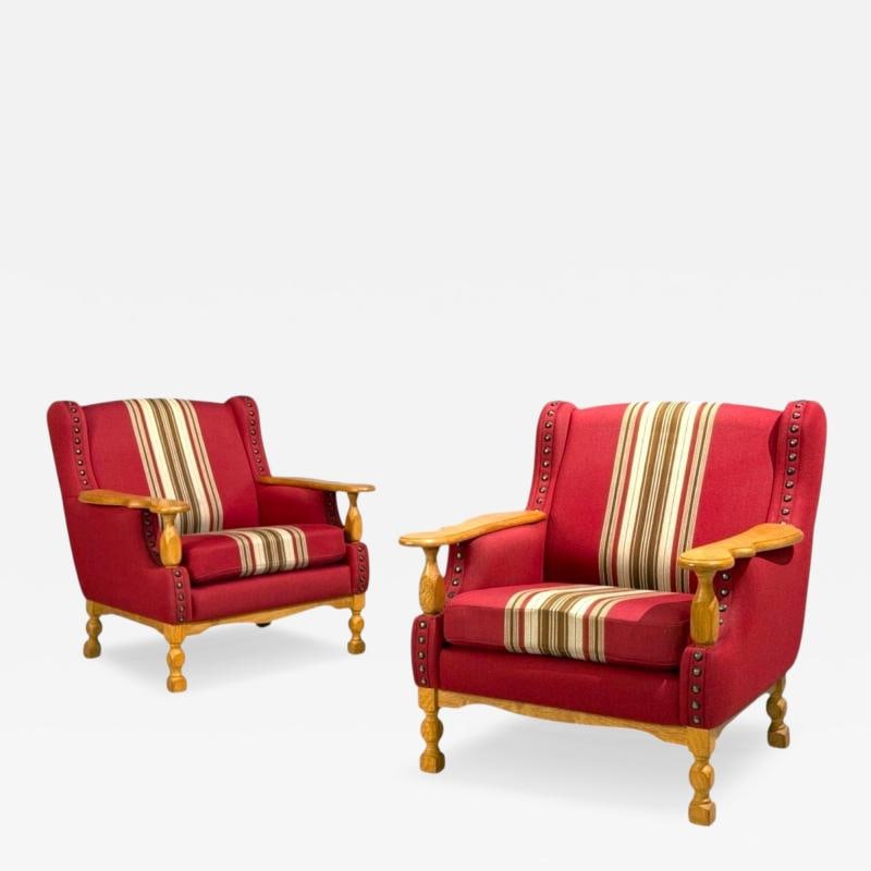 Henning Kjaernulf Style, Lounge Chairs, Red Fabric, Oak, Denmark, 1960s - 2