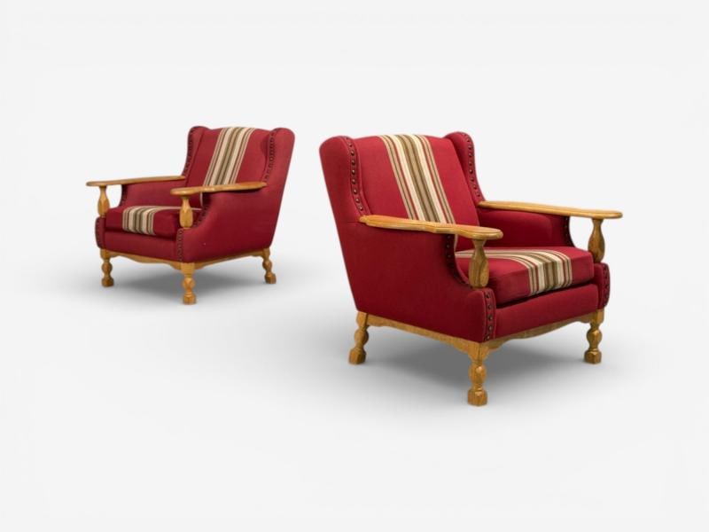 Henning Kjaernulf Style, Lounge Chairs, Red Fabric, Oak, Denmark, 1960s - 3