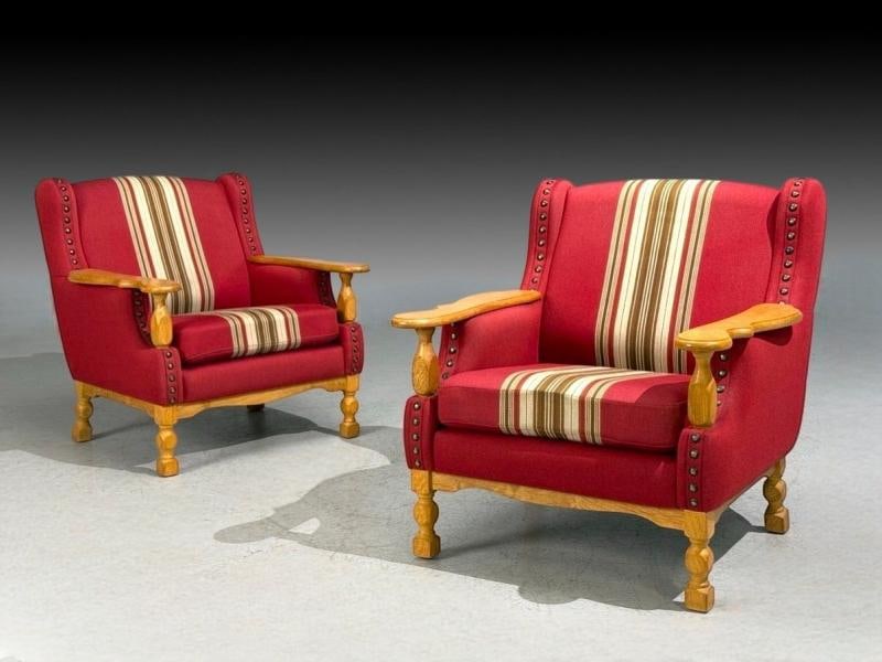 Henning Kjaernulf Style, Lounge Chairs, Red Fabric, Oak, Denmark, 1960s - 4