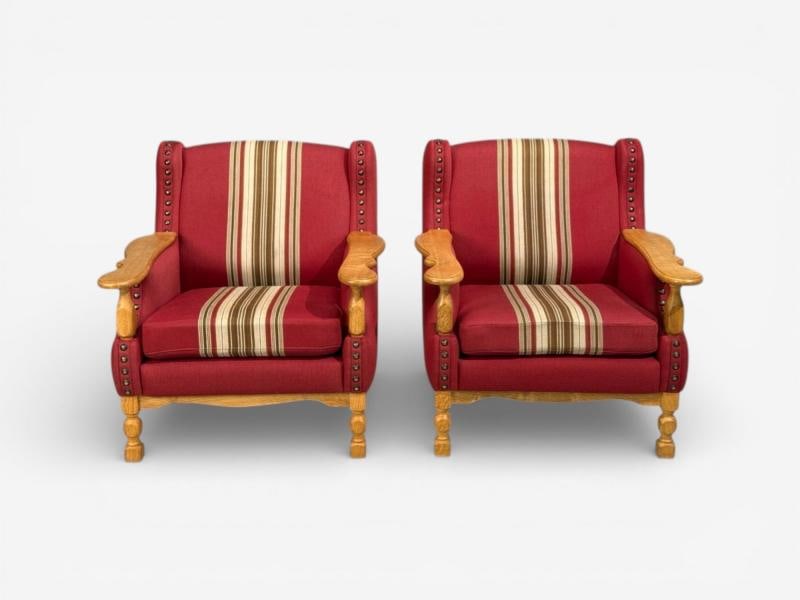 Henning Kjaernulf Style, Lounge Chairs, Red Fabric, Oak, Denmark, 1960s - 5