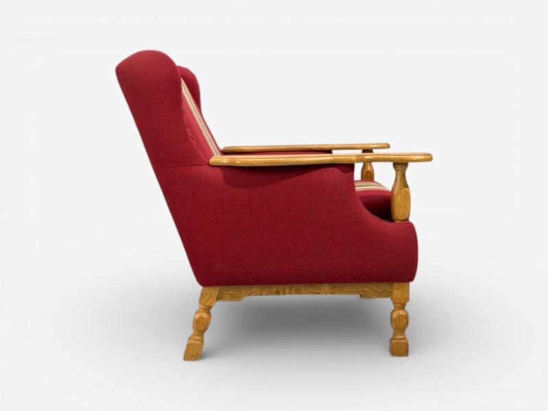 Henning Kjaernulf Style, Lounge Chairs, Red Fabric, Oak, Denmark, 1960s - 6