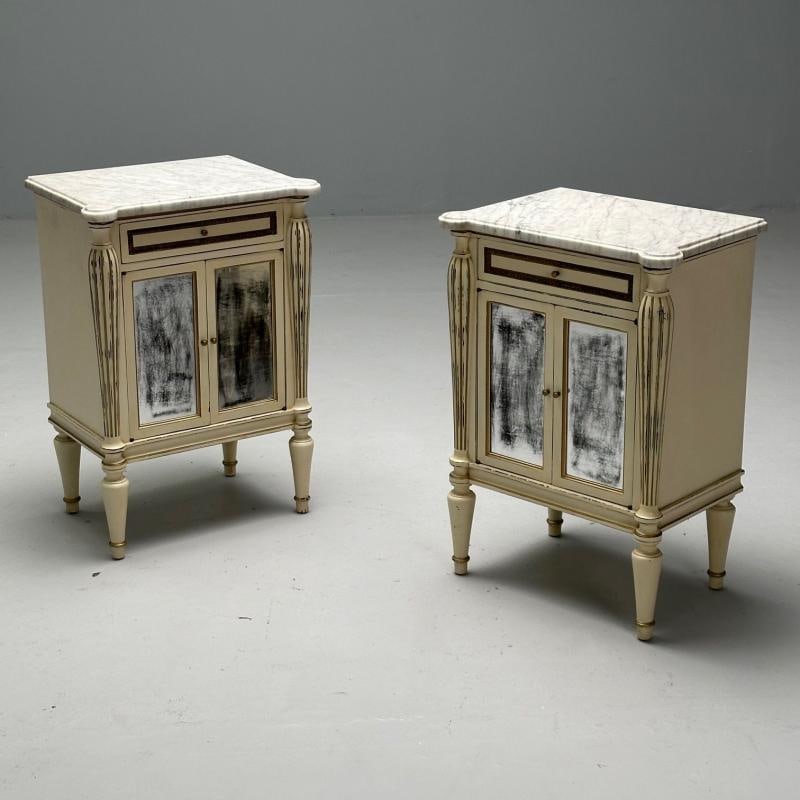 Maison Jansen, Hollywood Regency, Side Table Cabinets, Distressed Mirror, Marble - 3