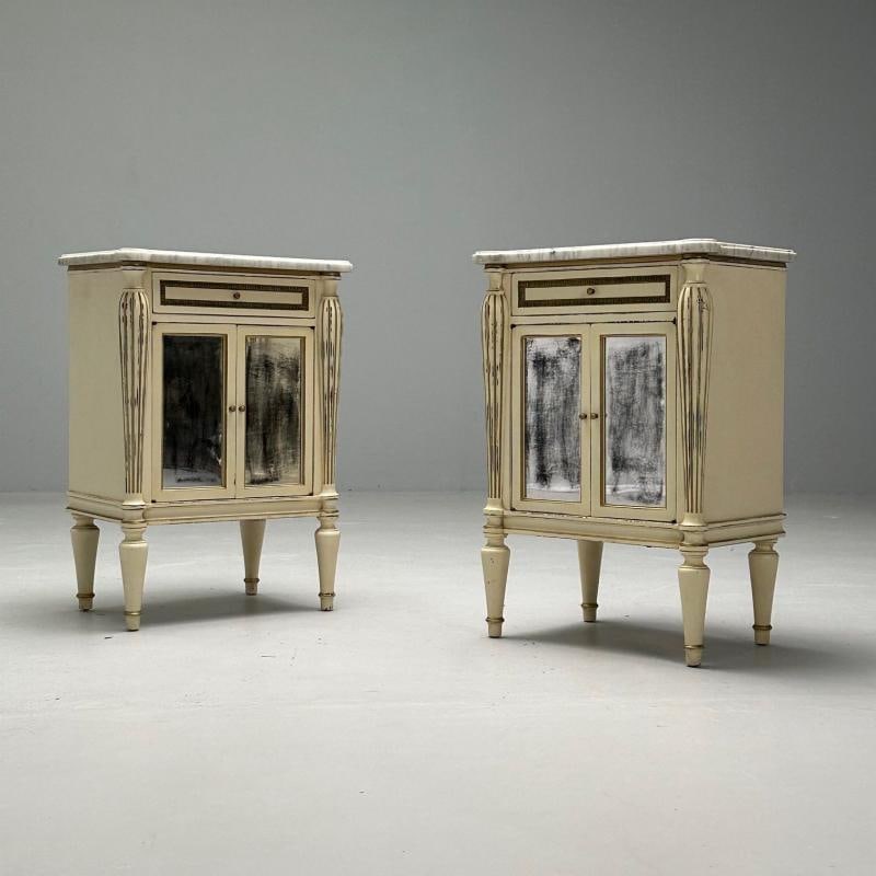 Maison Jansen, Hollywood Regency, Side Table Cabinets, Distressed Mirror, Marble - 5